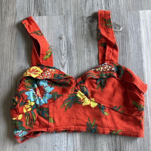 Free People Floral Print Rayon Wide Strap Tank Crop Top Size 4 - Picture 1 of 8